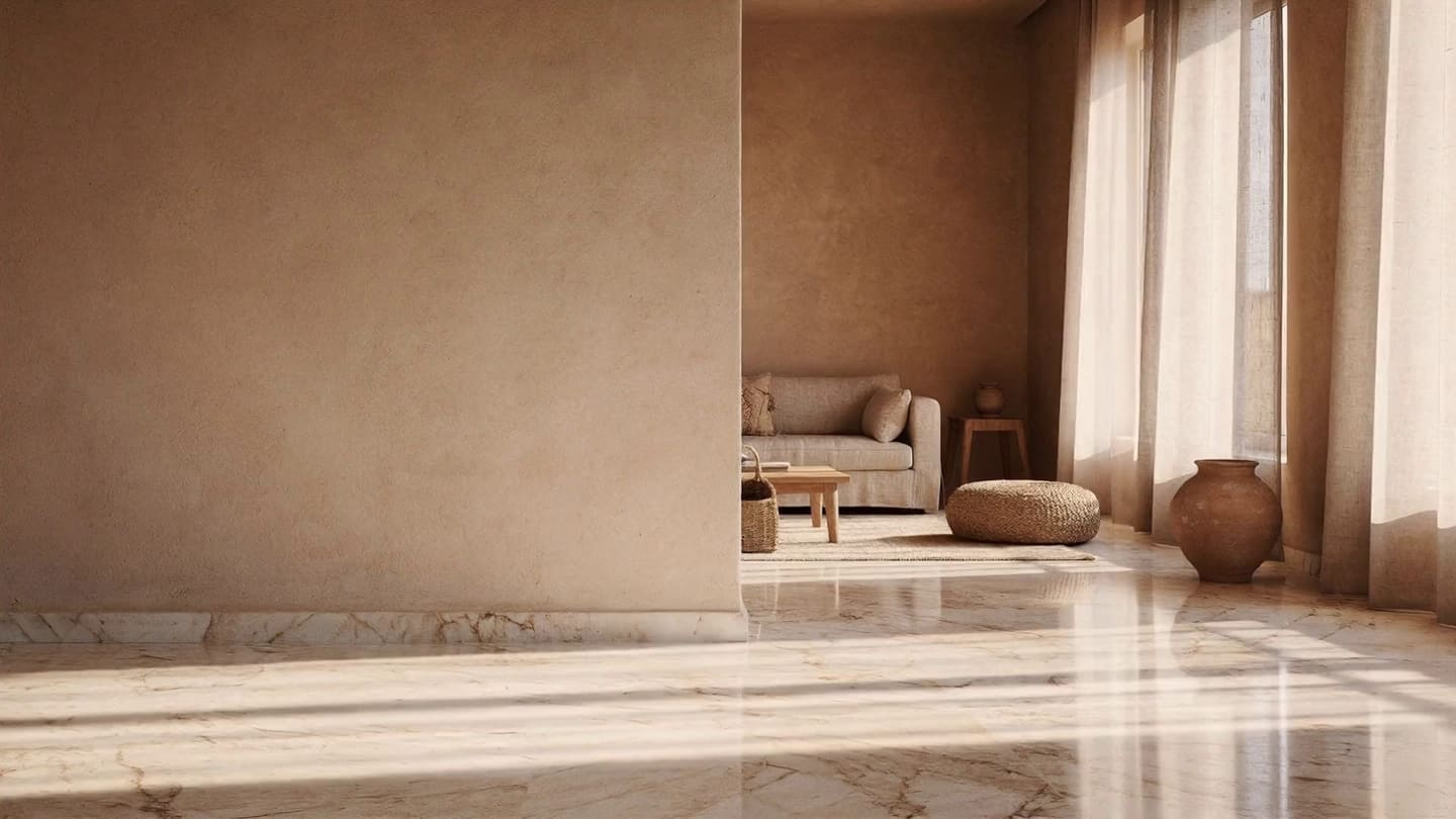Salon marocain contemporain, sol en marbre clair traversé par la lumière de fin d'après-midi